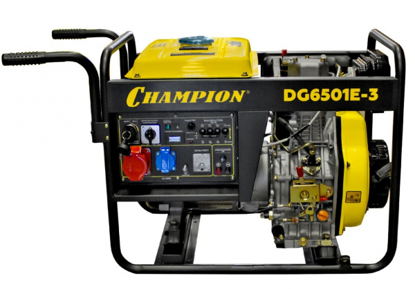 Генератор дизельный CHAMPION DG6501E-3 (400В 6,2 6,8кВА 8,9лс 12,5л 12V 103кг,эл.стартер,колеса,сч)